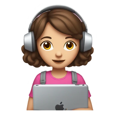 Brunette haired girl wearing pink cat headphones holding an ipad sticker