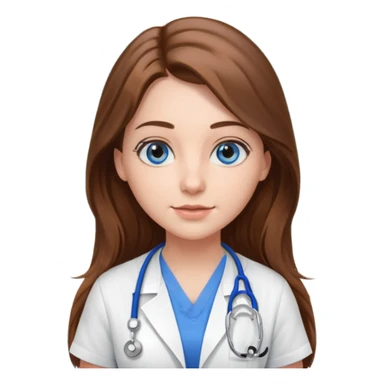 inside a classroom at university, a pretty female nursing student with long brown hair, blue eyes sticker