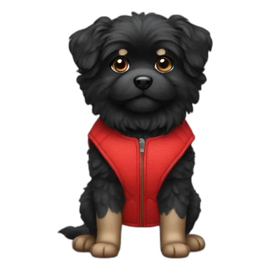 small black fluffy dog wearing red vest sticker