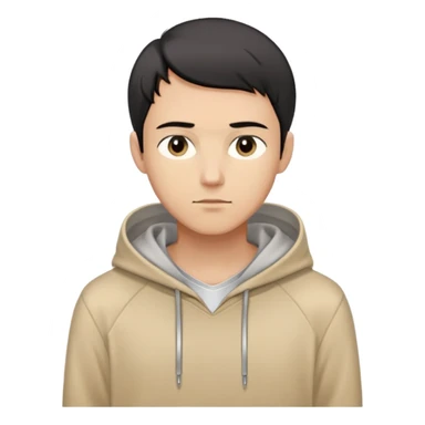 man with short black hair, slender build, light brown hoodie over white inner garment, silver necklace, calm demeanor, gentle expression, looking straight ahead sticker
