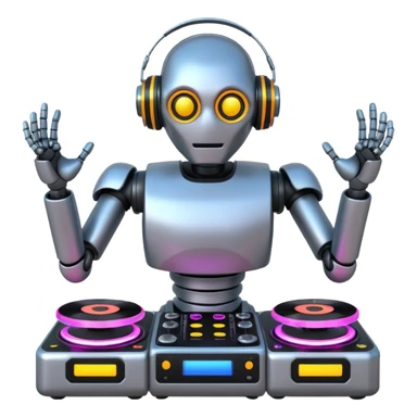 Robot DJ with neon glowing turntables, 8k sticker