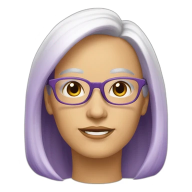 una profesora de edad madura, blanca, pelo largo marron oscuro, usa lentes redondeados con marcos color violeta sticker