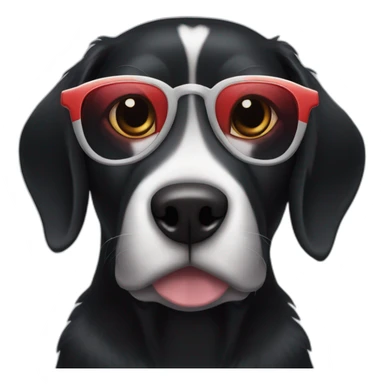 A black dog with a white snout, a white stripe down the middle, and red glasses." sticker
