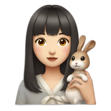 korean girl with bangs holding rabbit sticker