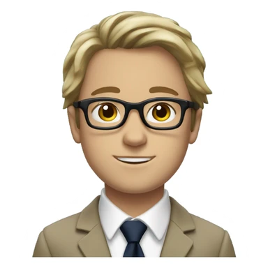 WHITE boy. Hair: Messy, medium-length brown hair covering the ears and forehead. Outfit: A formal school uniform featuring a white shirt with an open collar, a green striped tie, a navy sweater underneath, and a beige blazer on top. Black glasses sticker