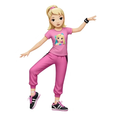 Hiphop dancer, with cute big pants, sneakers, and t-shirt. White girl blond. Coloufull shirt. No pocket pants. Dancing. Pink and black plain outfit. No sweatbands on the wrist, black music box behind her. Ballerina pose sticker