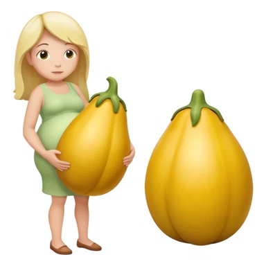 yellow eggplant attached to a pregnant person, with a bowing person turned to the side sticker