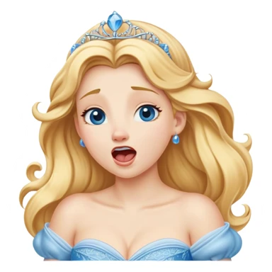 Cinematic Realistic Yawning Cinderella Portrait, showcasing lifelike porcelain skin and intricately detailed golden-blonde hair styled flawlessly as she mid-yawn reveals a moment of tender vulnerability. Her half-closed blue eyes and relaxed expression are rendered with natural, soft lighting that emphasizes the subtle textures of her face and the detailed, flowing fabric of her iconic gown. The scene glows with a cozy, authentic warmth that captures a rare, intimate moment of repose. sticker