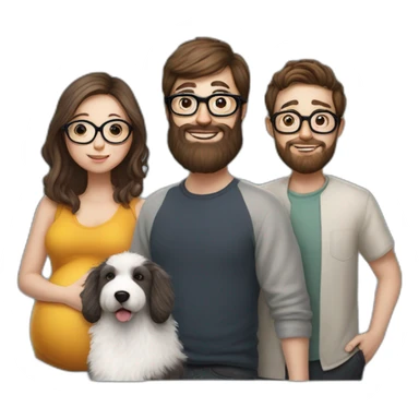 Hyperrealist Pregnant girl with half long brown hair with glasses, a boy with long beard, glasses and short hair and english sheepdog sticker