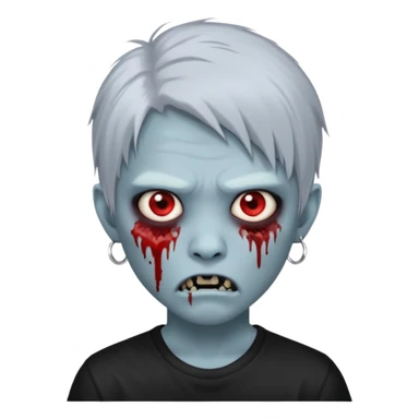 Create a 3D emoji-style avatar with very pale blue-grey zombie skin like the reference image, a young Asian face, and large eyes with blood tears. Give it white mullet-style hair, silver hoop earrings, and a simple black T-shirt. The expression should be slightly angry and has vampire teeth sticker