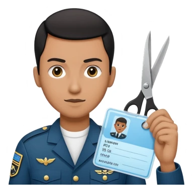 Floating black Scissors cutting a light blue military ID card in 2 parts .hyper realistic sticker
