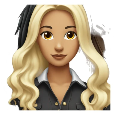 Pretty tanned equestrian woman long black hair with blonde highlights holding black stallion reins sticker