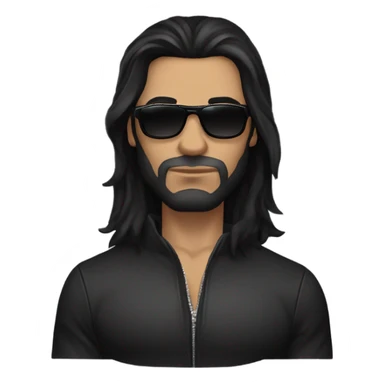 Man. long black hair, masculine strong serious face, fine lips, black sunglasses, lather jacket, underneath black t-shirt, muscles. Very mysterious  sticker