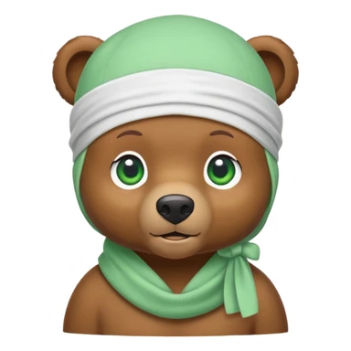 Cute brown bear head with green eyes wearing a white durag, hip style, iOS emoji style sticker