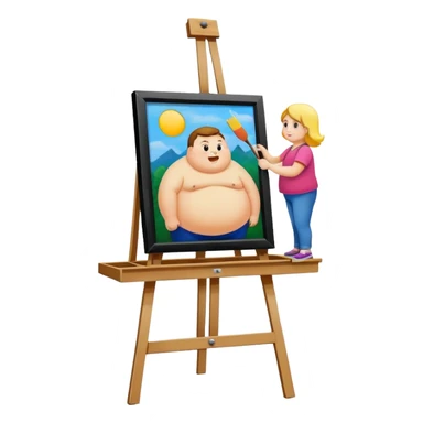 Canvas inside a picture frame on an easel with a fat person painted onto it sticker