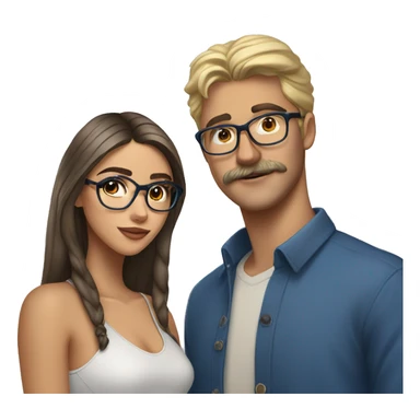 brunette, brown eyed, madison beer standing next to blonde man with , mustache, blue eyes, and brown glasses sticker