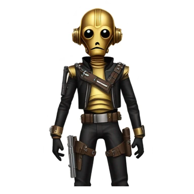 battle rough and tough bounty hunter c3Po wearing Satan’s leather biker outfit with guns hat on head. walking sticker
