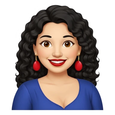 40 yr old Mexican woman, slightly chubby, wavy/curly long black hair, red lipstick, big smile, white teeth, brown eyes, hoop earings, side part to hair, round face, nice blouse, no wrinkle hair side swept, big hoop earing sticker