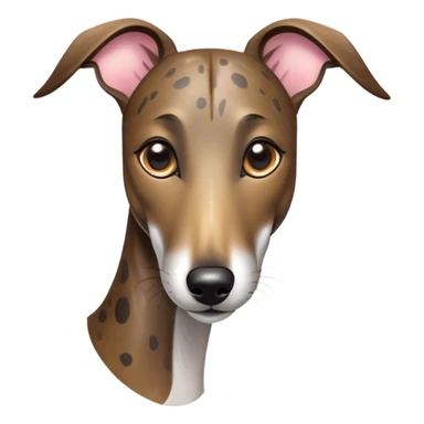 Cinematic Cute Brindle Greyhound Portrait Emoji, Head tilted playfully and inquisitively, featuring a sleek brindle Fur with subtle variations and round, sparkling eyes filled with curiosity, Simplified yet irresistibly adorable features, highly detailed, glowing with a warm, friendly glow, high shine, affectionate and nimble, stylized with a touch of whimsy, bright and endearing, soft glowing outline, capturing the essence of a mischievous yet loving companion, so playful it feels like it could sprint out of the screen and into your arms! sticker