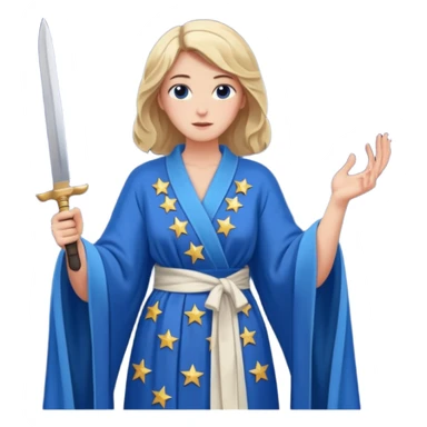 An upright Europe (a tall woman), wearing a blue, flowing robe with stars on the hem, and behind her stands Chancellor Merz, holding a knife toward her back 
you forgot chanccellor merz behind her sticker