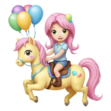 fluttershy mlp holding colorful balloons tied to its saddle, looking cheerful. sticker