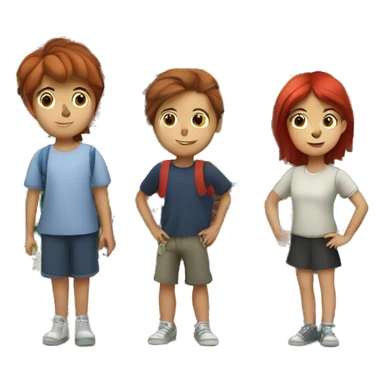 A boy with brown hair two girls, one with brown hair and one with red hair, standing on the steps of a dark green brick apartment building with bay windows sticker