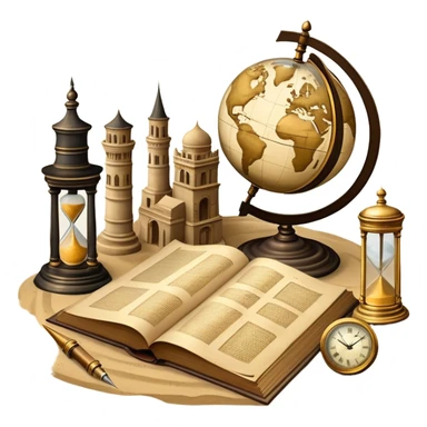 An icon featuring ancient scrolls, a quill pen, and large, old-fashioned sand clocks, symbolizing the study of history. The design includes a globe and a timeline with significant historical events, set against ruins to evoke past civilizations. Transparent background highlights the passage of time. sticker