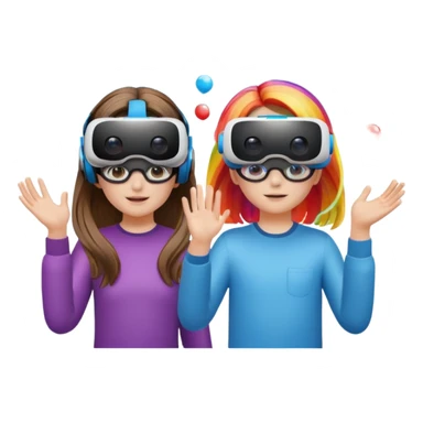 Human girl and boy Show a VR headset or AR glasses, symbolizing the immersive hair experience. Include virtual objects or a 3D scene floating in the air in front of rainbow Make the background transparent. sticker