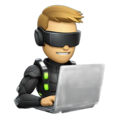 Side view developer behind his laptop with this style: Crytek Crysis Video game with character on the theme of hackers nanosuit Swift programming language sticker