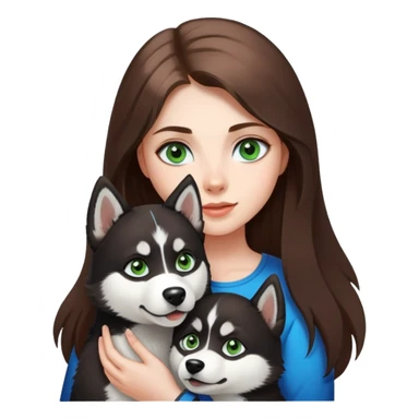 girl with long brown hair green eyes holding a black and white husky with blue eyes sticker