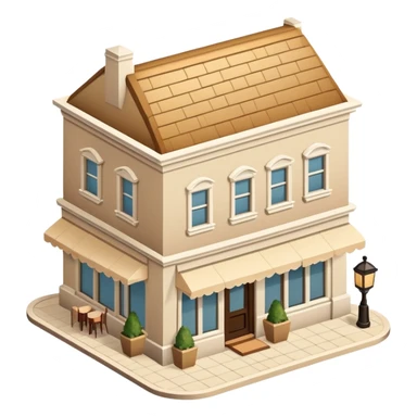 Upscale restaurant exterior, beige, isometric dollhouse-style, realistic sticker