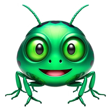 Cinematic Comical Green Bugdie Portrait Emoji, Head tilted dramatically with an exaggeratedly amused expression, featuring a striking, glossy emerald exoskeleton with bold patterns, wide, expressive multifaceted eyes filled with playful disbelief, Simplified yet hilariously expressive features, highly detailed, glowing with a slightly sassy glow, high shine, dramatic yet playful, stylized with an air of cheeky mischief, bright and endearing, soft glowing outline, capturing the essence of a spirited and over-the-top bug, so meme-worthy it feels like it could side-eye its way into internet fame instantly! sticker