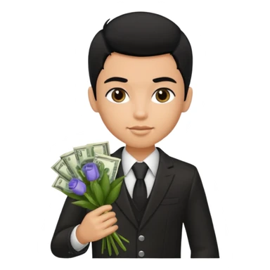 a pretty bratz boy with black hair, holding a bouquet made of money sticker