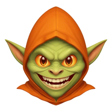 Hobgoblin-style goblin face emoji, orange hood, evil grin, sharp teeth, expressive Apple-style emoji sticker