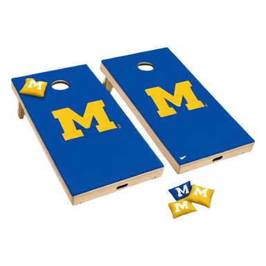 Cornhole board blue and yellow with Michigan “M” With a yellow cornhole bag sticker