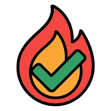checkmark with fire, modern flat style sticker