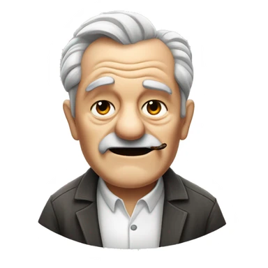 old man with a parted pompadour, bushy eyebrows, toothless mouth and closed eyes wearing a white shirt with gray stripes while smoking a cigar sticker