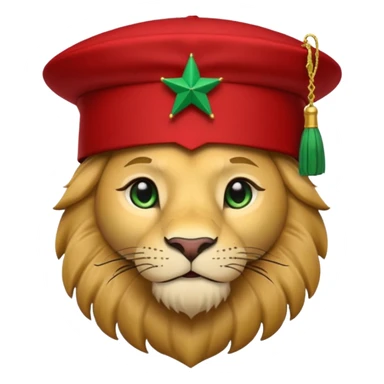 Cute lion emoji face wearing a Red Moroccan fez hat with a flat top, straight sides, a green five-pointed star on the front, and a thin black tassel hanging from the right side. sticker