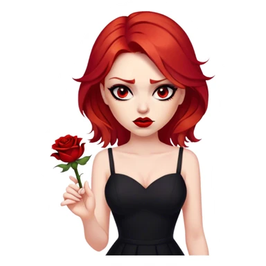 a beautiful very angry woman with red hair and red eyes. The woman wear a black little cutted dress. She have red lipstick and she have a seductive look. She have a rose flower in her hair sticker