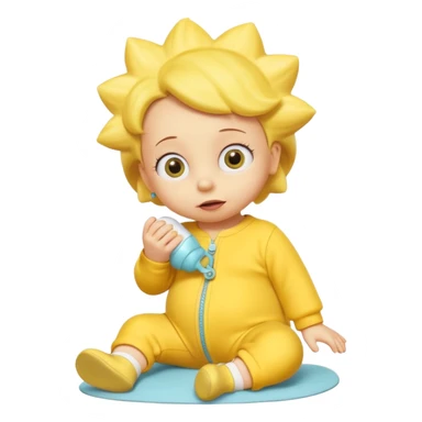 A 3D cartoon baby character entirely yellow, yellow skin, styled like Maggie Simpson, with pacifier, yellow onesie, big eyes, smooth shading, Memoji-style rendering, consistent with other yellow Simpsons characters. sticker