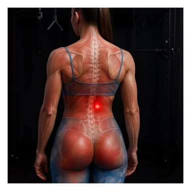 Anatomical hyperrealistic 4K image of a woman seen from the back as in the reference, highlighting a muscle contracture as a clearly visible knot on the left side of the back at the lumbar or dorsal muscles (not on the shoulders), with translucent muscles and skin to show the contracture, red halo or swollen area, gym environment. sticker