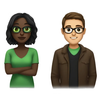 Black girl with medium mocha skin and cute big gold wireframe glasses and shoulder length straight dark brown hair with a white guy with black hair and green eyes who looks like nev from catfish with big glasses sticker