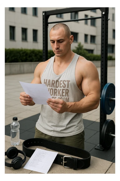 un uomo prepara con cura il suo set di pesi e la cintura per streetlifting, controllando una lista di esercizi e ripetizioni scritta su un foglio. Accanto a lui, una borraccia e delle cuffie. L’espressione è serena e sicura, a sottolineare l’importanza della programmazione per un allenamento efficace. Lo sfondo è un’area fitness urbana, pulita e ben attrezzata. sticker