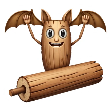 The character is an anthropomorphic wooden log with a cartoonish face, human arms and legs, and a long wooden bat, giving it a surreal, humorous appearance. sticker