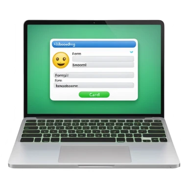 A emoji-style illustration of a laptop front facing with its screen showing onboarding form. On the screen, display a small white form card with a few input fields no labels. Add a bright green button at the bottom of the card no label. fix the keyboard letters. sticker