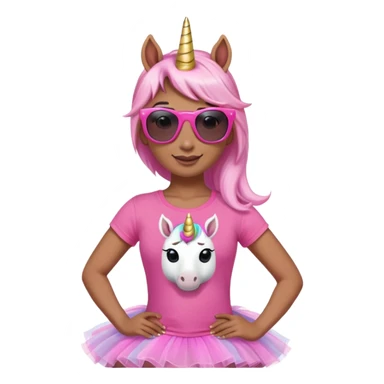 friendly anthropomorphised female unicorn with horse-like face, in tutu and pink t-shirt, wearing dark sunglasses, relaxed pose, close-crop head and shoulders portrait sticker