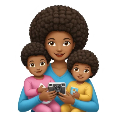 afro hair Dark Skin mom with two children, one young boy and a baby girl in polaroid picture  sticker