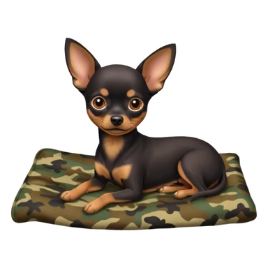 Min-Pin Chihuahua with a dark coat resting on a camo blanket, tiny paws visible sticker