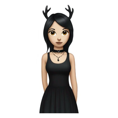 Goth deer girl with black hair in a sleeveless black dress and choker sticker