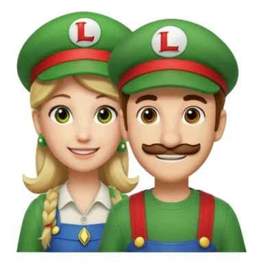 blonde female Luigi (with the Luigi green hat with an L on it) and a normal brown hair male Mario with the red hat with a (M) on it. They are friends just smiling. think video game sticker
